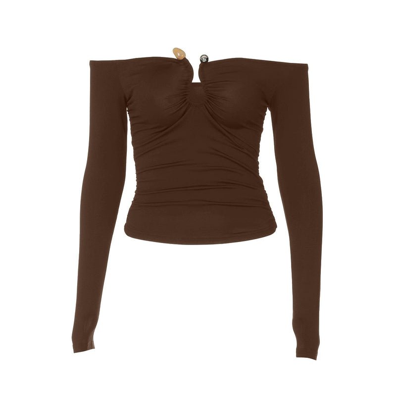 Off shoulder long sleeve ruched solid top