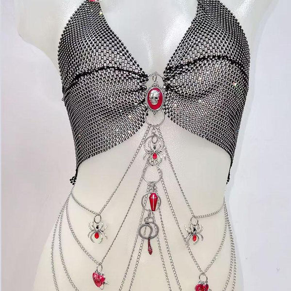 Metal chain o ring v neck beaded skull applique top
