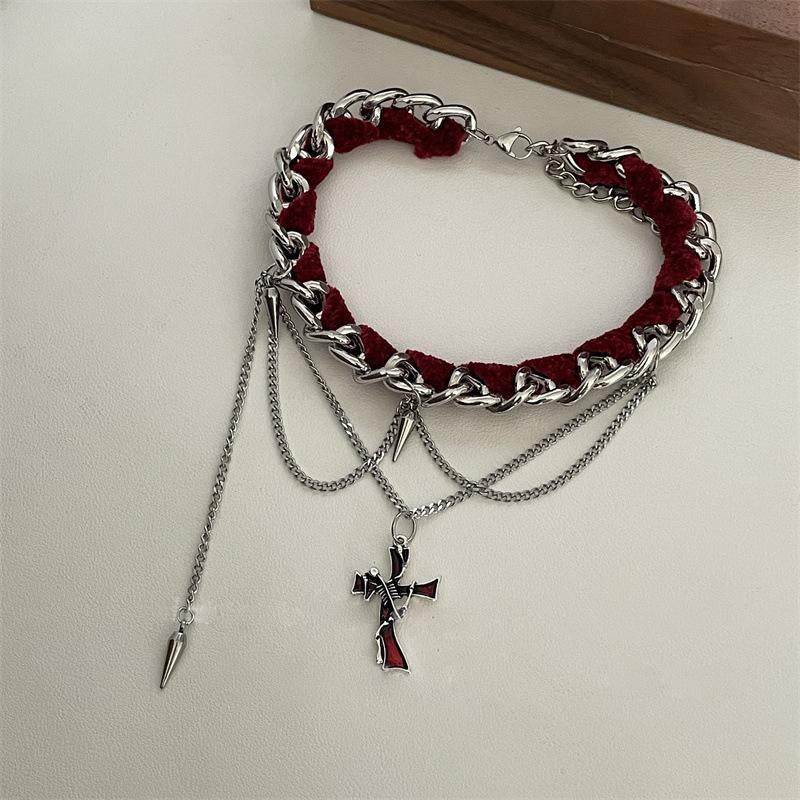 Metal chain cross decor red choker necklace