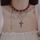 Metal chain cross decor red choker necklace