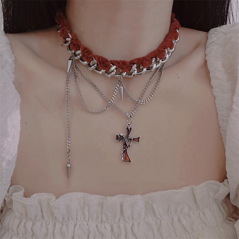 Metal chain cross decor red choker necklace