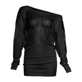 Top liso transparente de encaje de manga larga irregular 