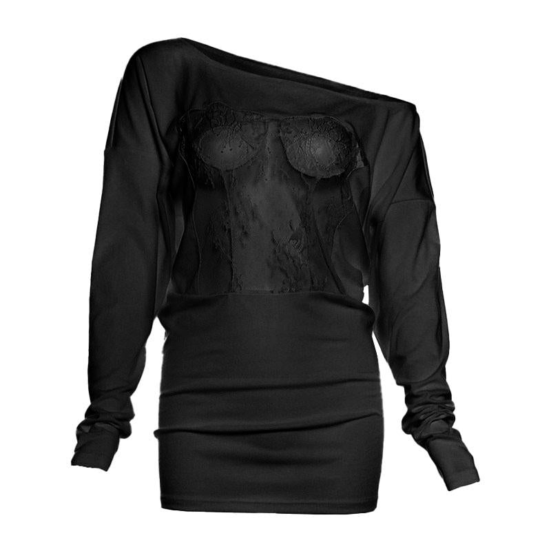 Top liso transparente de encaje de manga larga irregular 