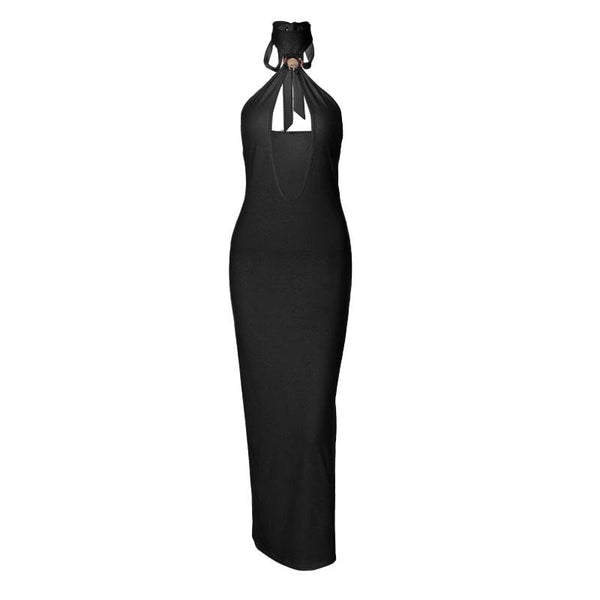 Self tie halter hollow out backless midi dress
