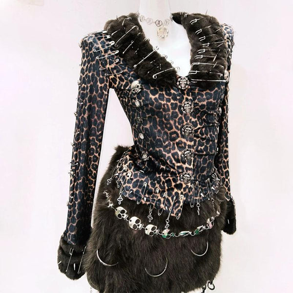 Conjunto de minifalda con estampado de leopardo, manga larga, apliques de calavera esponjosa 