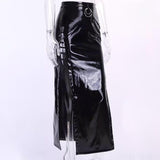 Hollow out high slit metallic zip-up maxi skirt