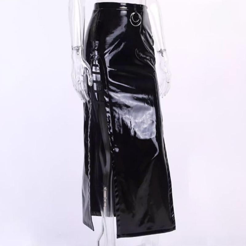 Hollow out high slit metallic zip-up maxi skirt