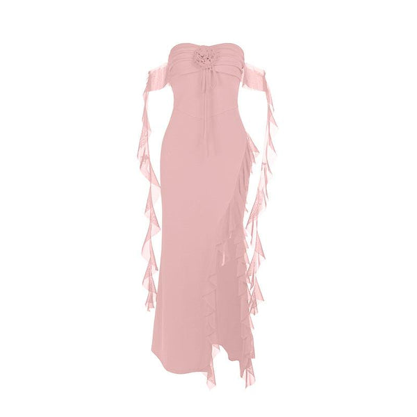 Ruched flower applique slit ruffle maxi dress