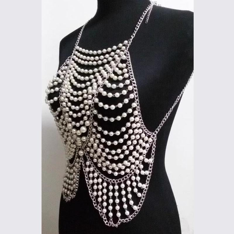 Metal chain beaded hollow out u neck backless top