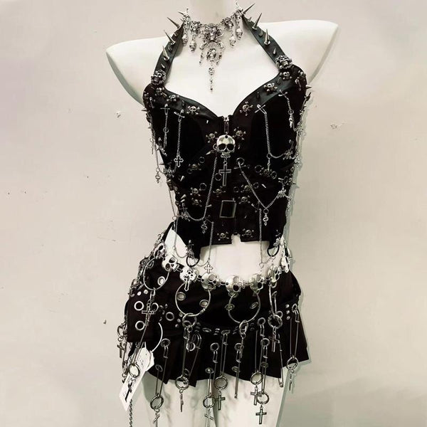 Metal chain o ring skull applique zip-up mini skirt set