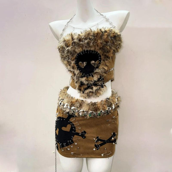 Conjunto de minifalda con estampado de calavera esponjosa y manga larga con cremallera 