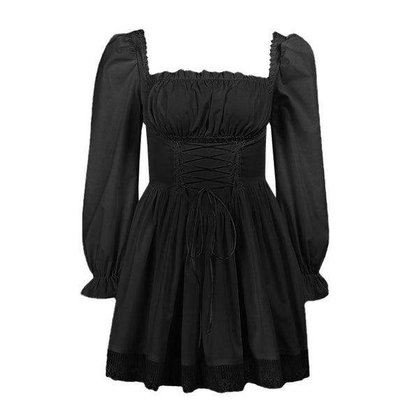 Long sleeve smocked lace up lace hem mini dress