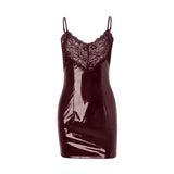 Mini-robe zippée en cuir PU avec ourlet en dentelle et col en V 