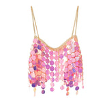 Metal chain glitter v neck hollow out cami top