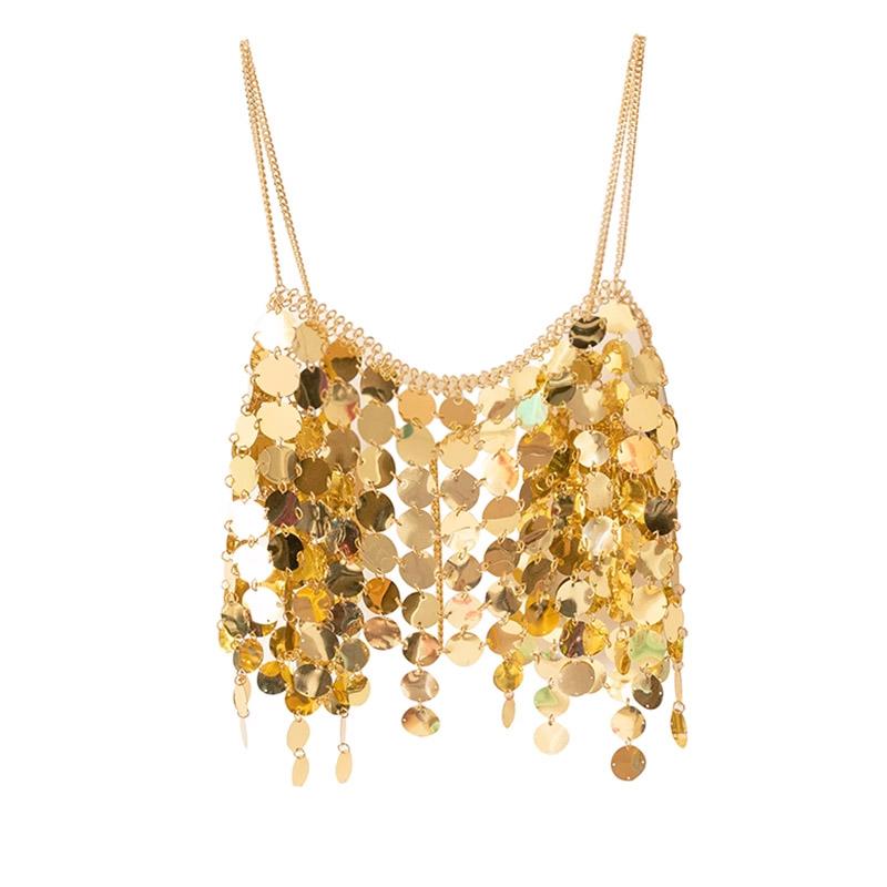 Metal chain glitter v neck hollow out cami top