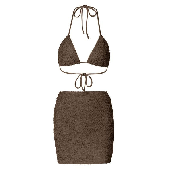 Textured halter self tie v neck solid mini skirt set