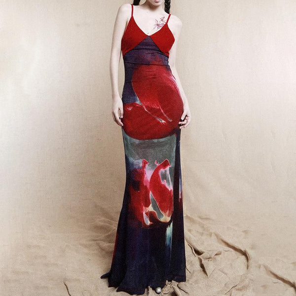 Vestido largo camisola con cuello en V, estampado floral de terciopelo y cremallera 