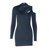 Mini-robe unie irrégulière à manches longues et ajourée 
