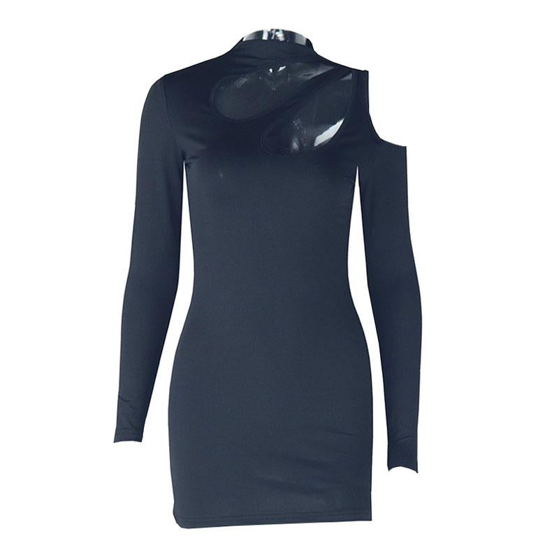 Mini-robe unie irrégulière à manches longues et ajourée 