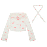 Long sleeve bowknot print ruffle off shoulder top
