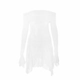 Long flared sleeve off shoulder ruched mini dress