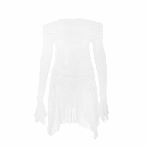 Long flared sleeve off shoulder ruched mini dress
