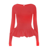 Top con volantes calados, cuello redondo y manga larga fruncida 