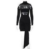 High neck long sleeve ruched hollow out mini dress