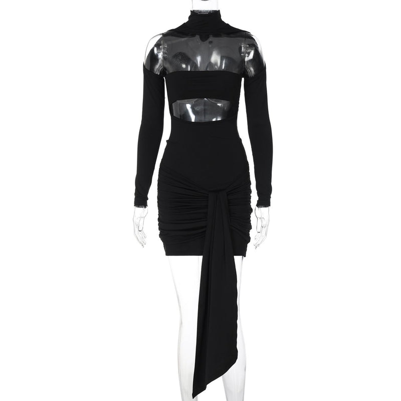 High neck long sleeve ruched hollow out mini dress