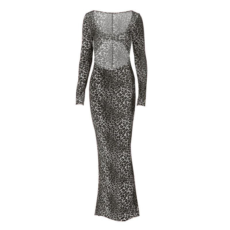 Vestido largo de manga larga con estampado de leopardo y escote en U calado 
