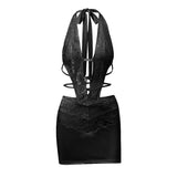 Minivestido halter con dobladillo de encaje anudado y calado 