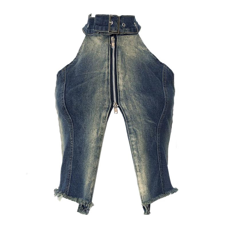 Halter zip-up slit denim buckle raw hem top