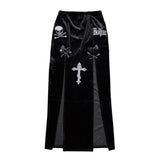 Slit bowknot skull pattern velvet maxi skirt