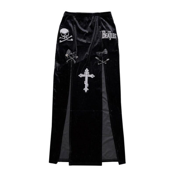 Slit bowknot skull pattern velvet maxi skirt