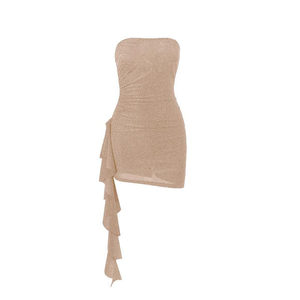 Ruched ruffle irregular backless tube mini dress