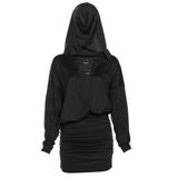 Vestido mini liso fruncido con hebilla y capucha de manga larga 