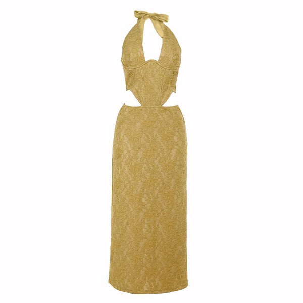 Robe longue en dentelle à fermeture éclair et fente ajourée avec attache licou 