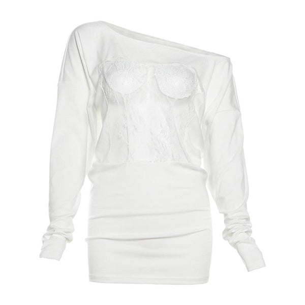 Top liso transparente de encaje de manga larga irregular 