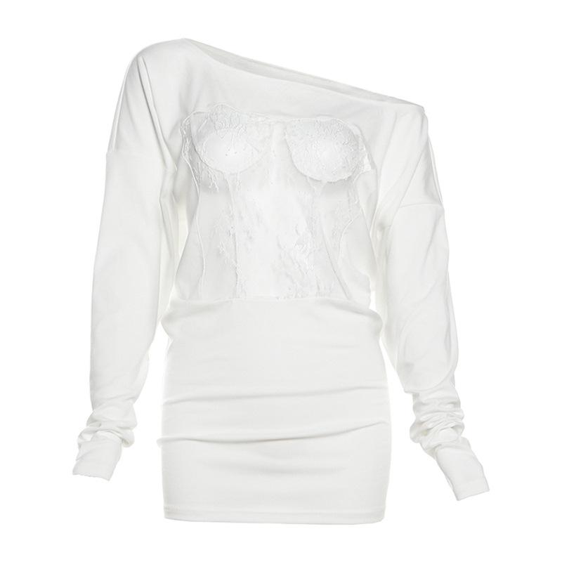 Top liso transparente de encaje de manga larga irregular 