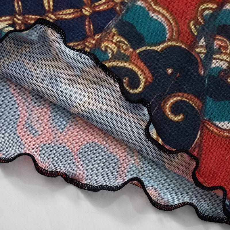Top de cuello redondo de malla transparente con volantes y estampado de manga larga 