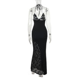Robe longue froncée à col en V et licou en dentelle 