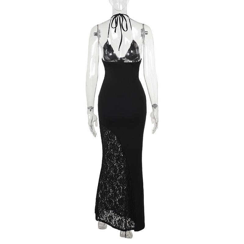 Robe longue froncée à col en V et licou en dentelle 