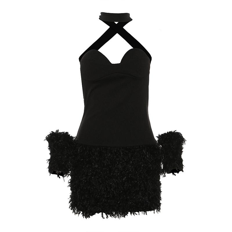Vestido mini de tubo liso con cuello halter, esponjoso y espalda cruzada 