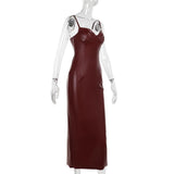 Vestido midi camisola de piel sintética con escote en V, abertura, cremallera y espalda descubierta 