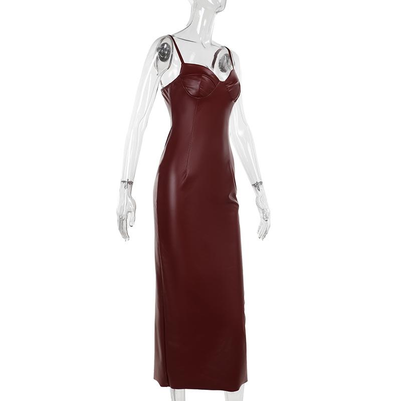 Vestido midi camisola de piel sintética con escote en V, abertura, cremallera y espalda descubierta 