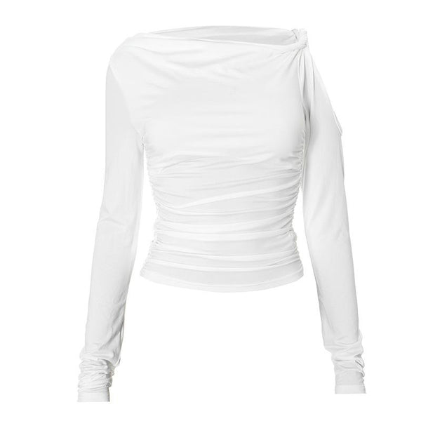 Top de un hombro fruncido con mangas largas irregulares y caladas 
