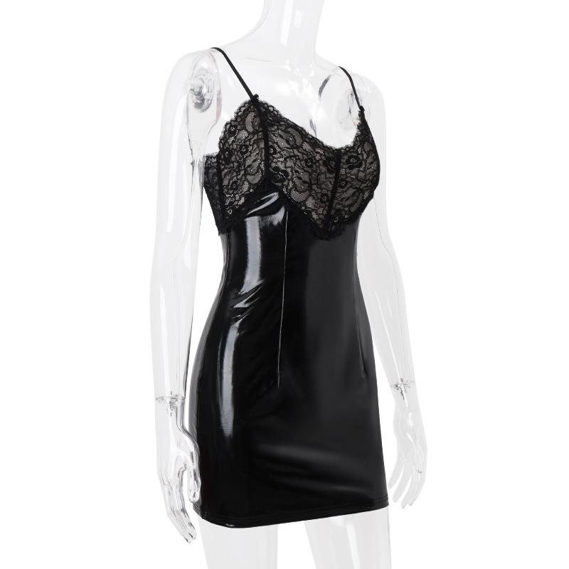 Mini-robe zippée en cuir PU avec ourlet en dentelle et col en V 