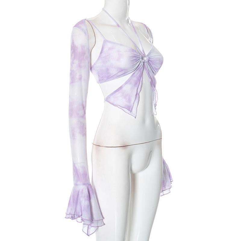 Long flared sleeve halter ruffle hollow out print top
