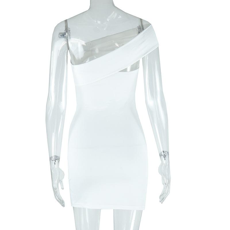 Vestido mini liso con un solo hombro irregular y calado 