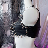 Metal chain lace up skull applique PU leather top